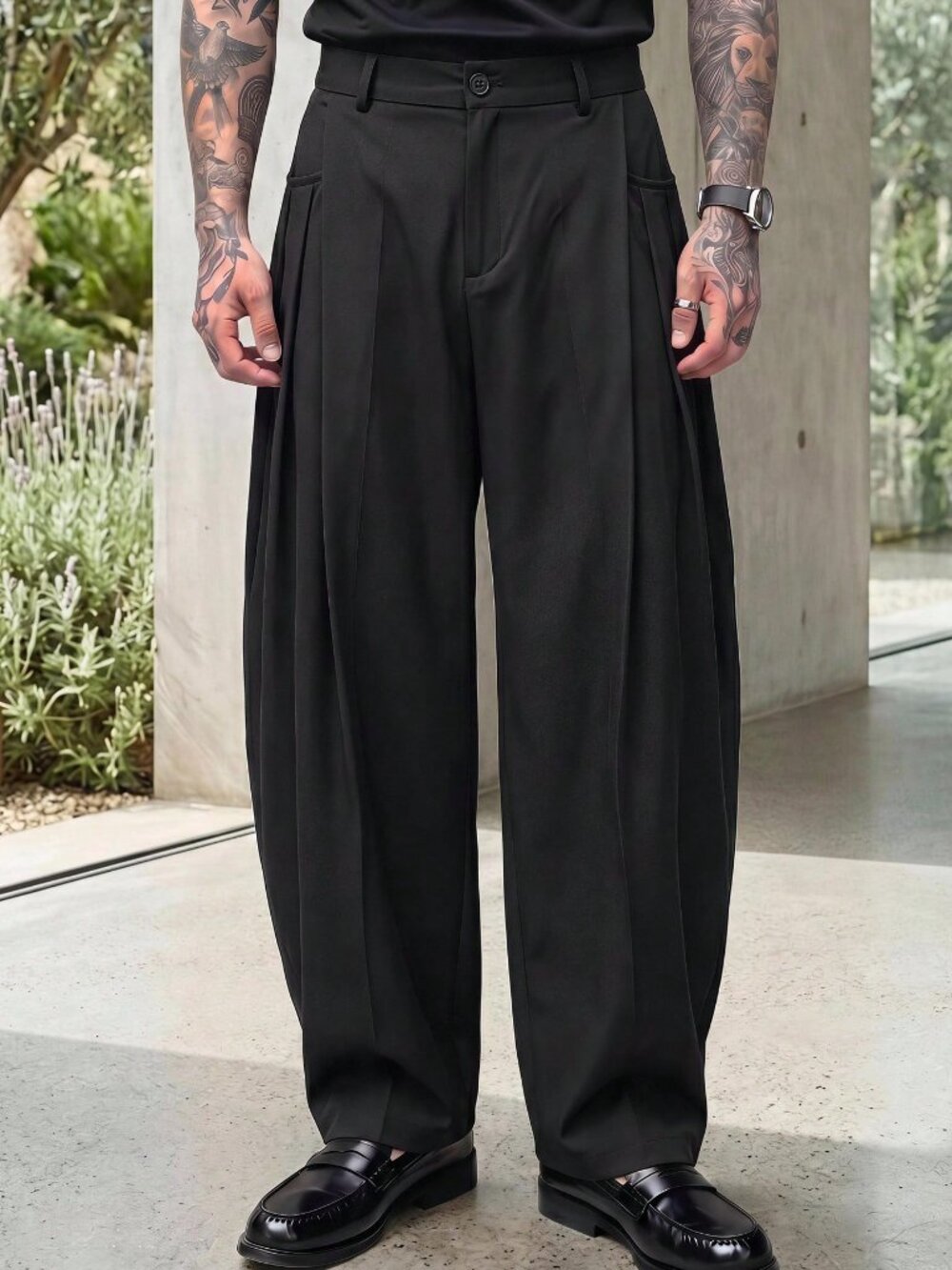 Black Casual Men's Loose Mid-Weight Zip Fly Button Pocket Pants